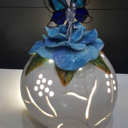 pottery and glass fairy night light in blues