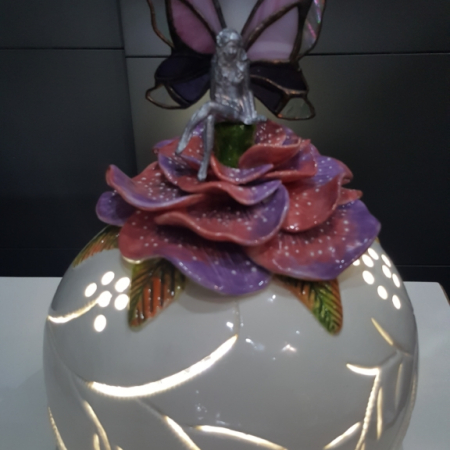 pottery and glass fairy night light in pinks