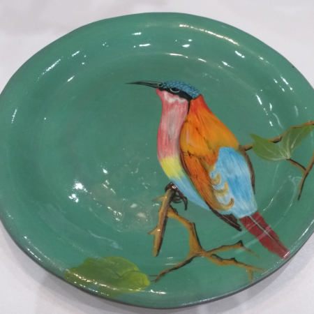 pottery bird plate in green Lois