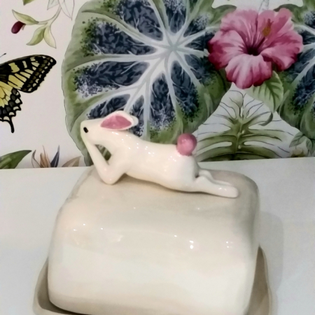 pottery hare butter dish