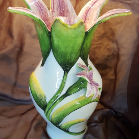 pottery lily vase pink and green
