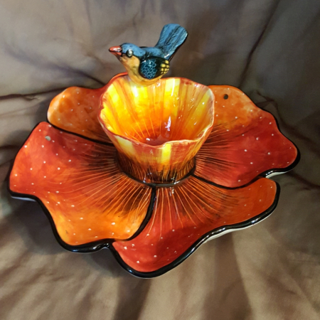 pottery poppy bird feeder